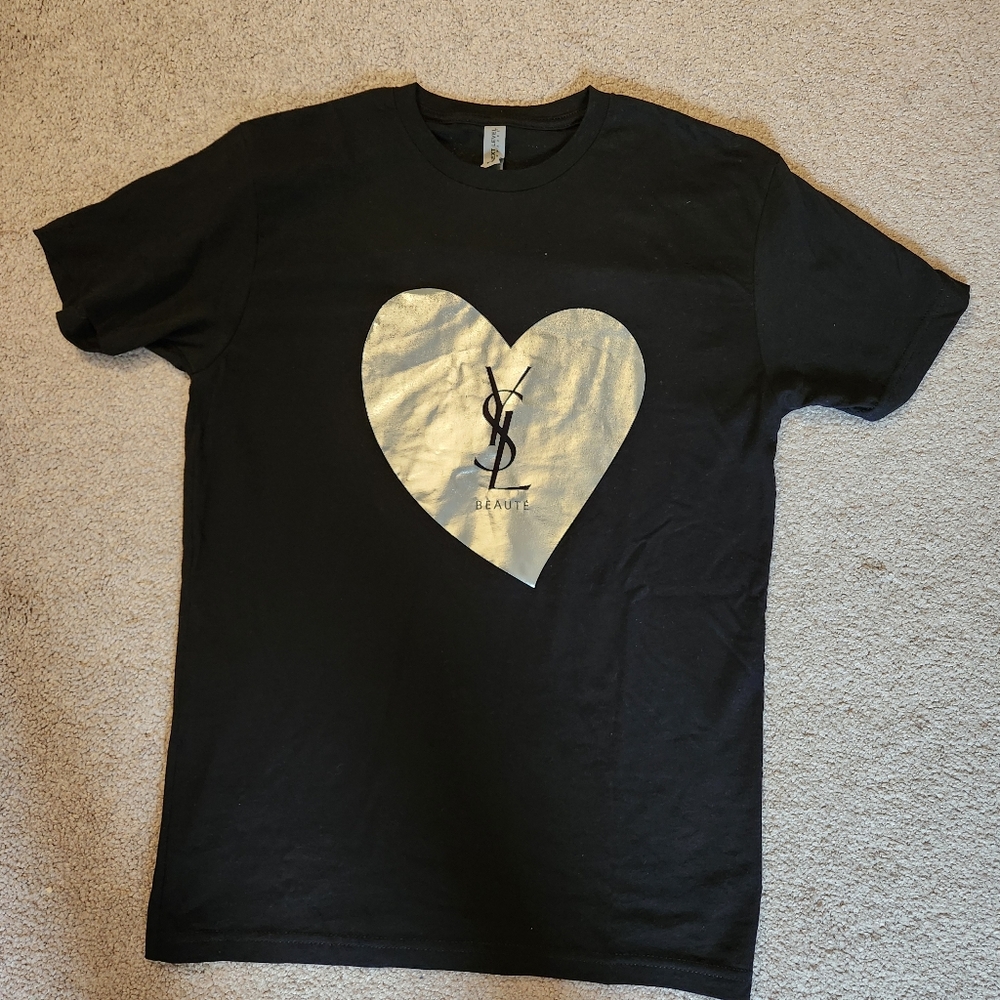 YSL Loveshine Black T-Shirt with Silver Heart Graphic Small